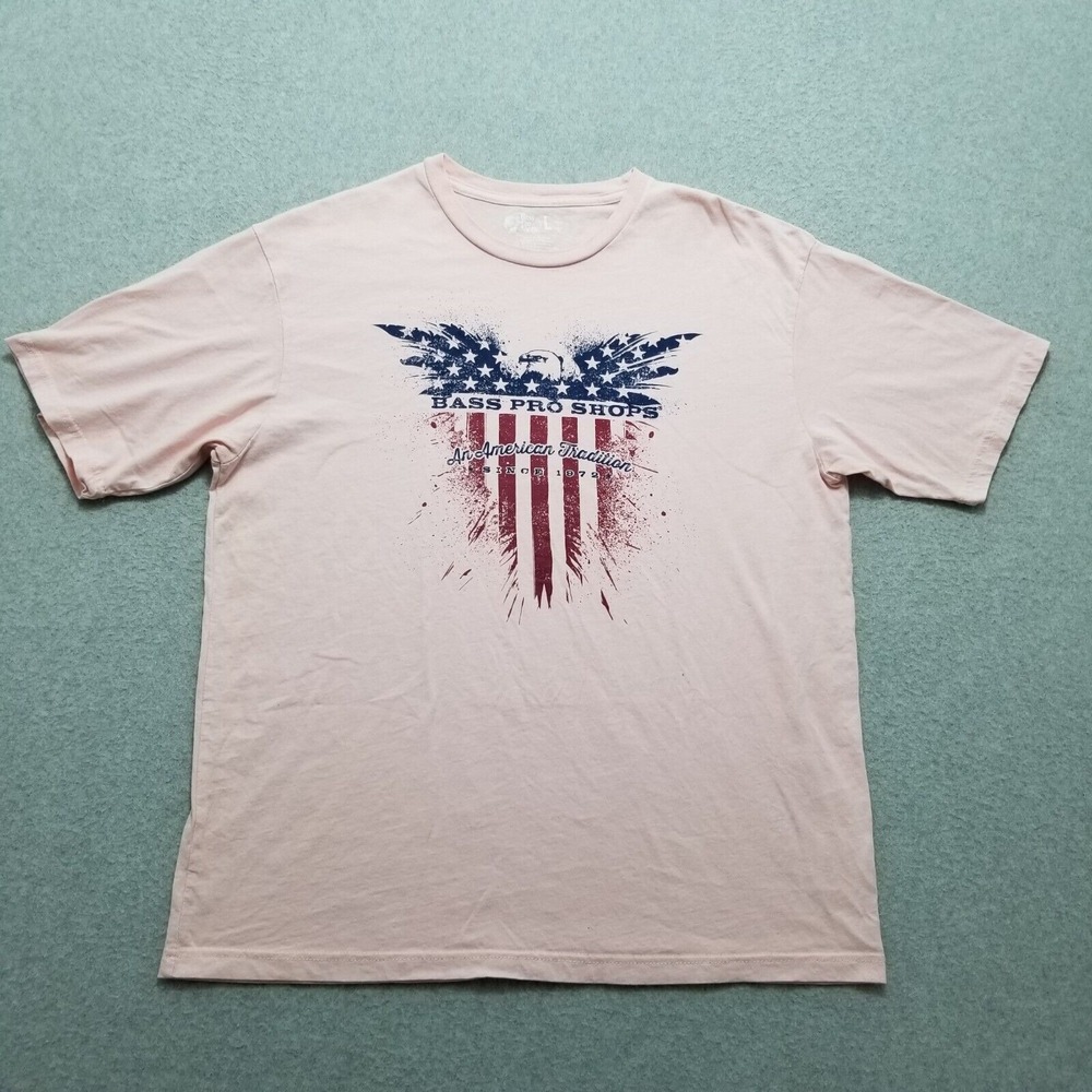 Bass Pro Shops‎ Shirt Mens Large Pink Short Sleeve Crew Neck Casual USA Flag